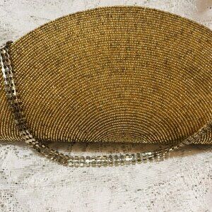Gold Beaded Evening Clutch Rhinestone Short Chain New 25x13